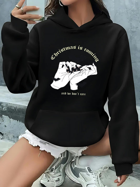 Women's Graphic Hoodie Christmas Is Coming White Letters On Dramatic Hand Holding Paper Christmas