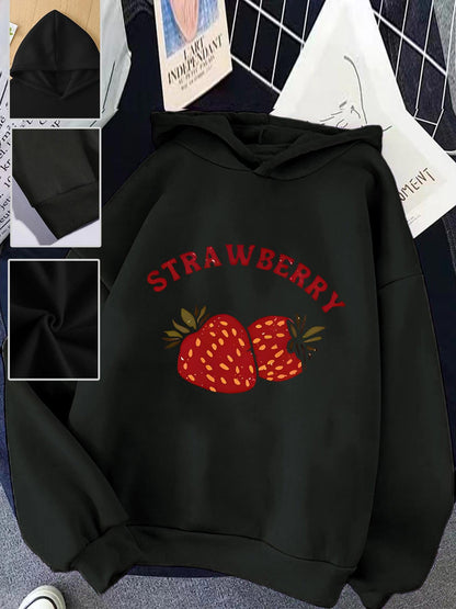 Women's Graphic Hoodie Strawberry Red Letters Over Lively Twin Fruits With Green Leaves