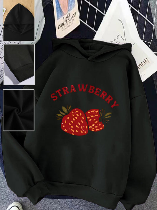 Women's Graphic Hoodie Strawberry Red Letters Over Lively Twin Fruits With Green Leaves