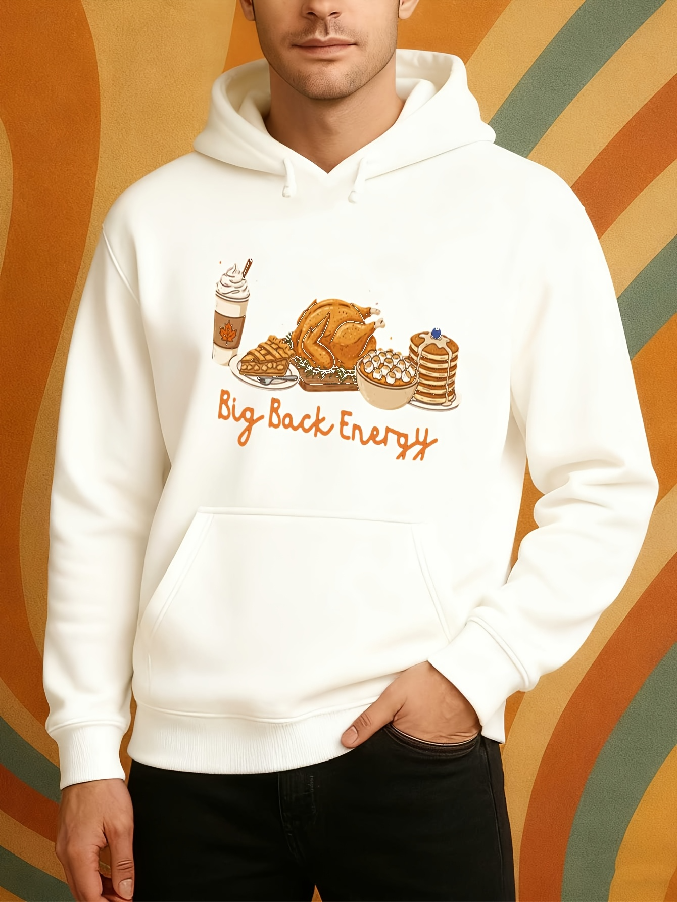 Men's Graphic Hoodie Big Back Energy Holiday Feast With Pancakes And Pumpkin Surrounded By Coffee Turkey