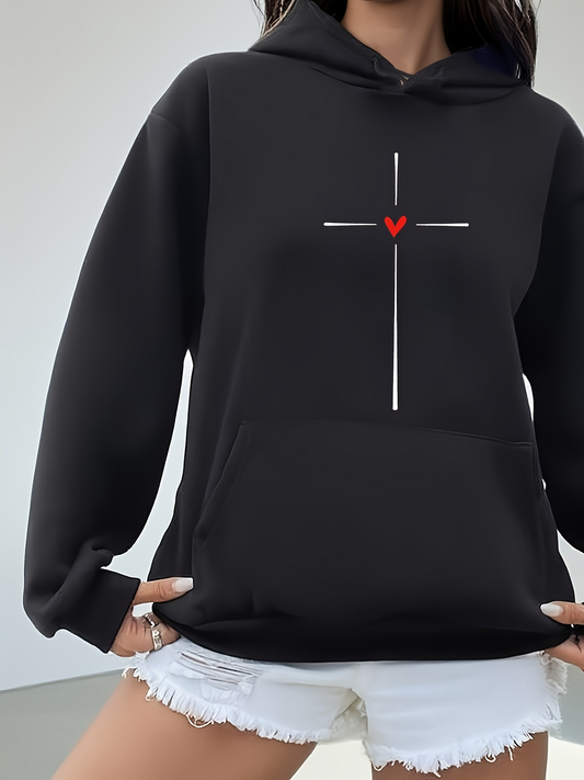 Women's Graphic Hoodie Simple Cross With Red Heart On Black Hoodie