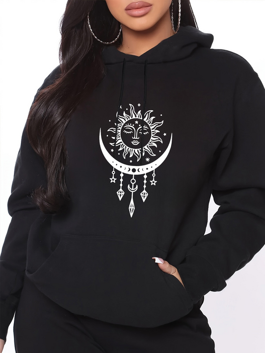 Women's Graphic Hoodie Celestial Symbols With Crescent Moon And Radiant Night Sun
