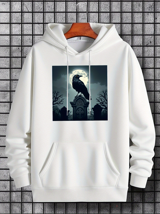 Men's Graphic Hoodie Gothic Night Cemetery With Moonlight Enshrouding A Lone Majestic Raven