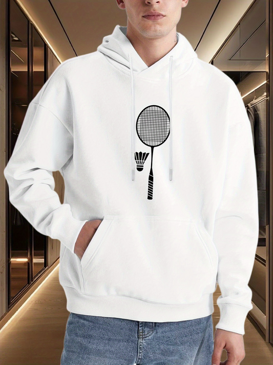 Men's Graphic Hoodie Minimalist Design With Shuttlecock And Racket Sports Equipment