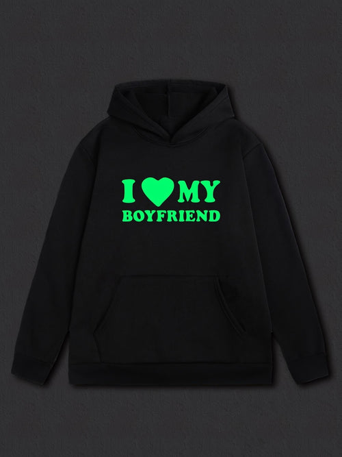 Women's Graphic Hoodie I Love My Boyfriend Neon Green Romantic Text Hoodie
