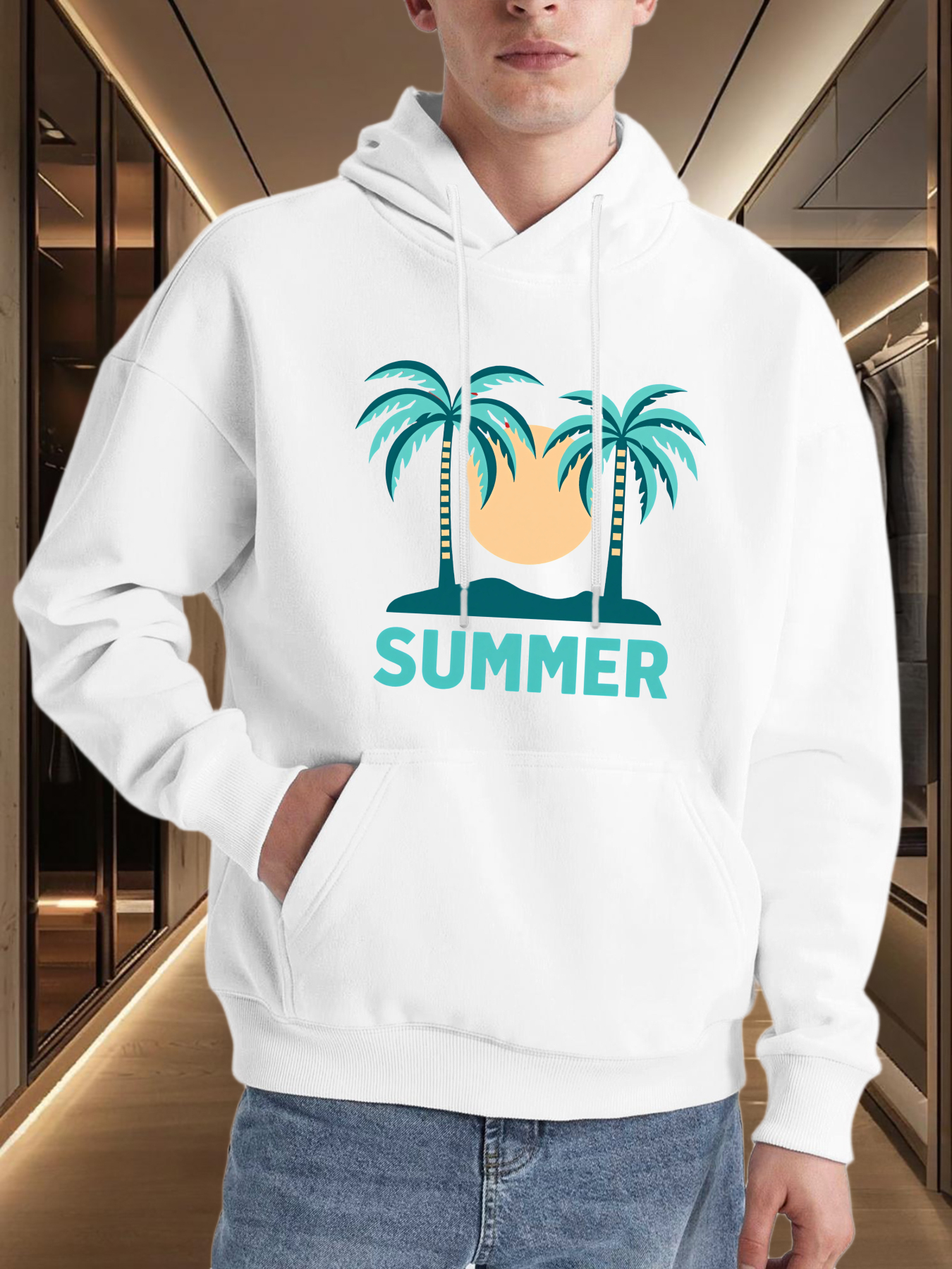 Men's Graphic Hoodie Summer Lettering With Sunset Silhouette And Palm Trees Summer