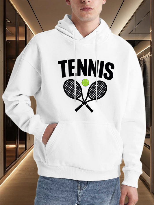 Men's Graphic Hoodie Tennis Two Black Rackets With Neon Green Ball Crossing