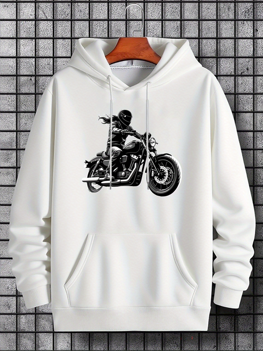 Men's Graphic Hoodie Adventurous Urban Motif With Rider Pointing On Powerful Classic Motorcycle