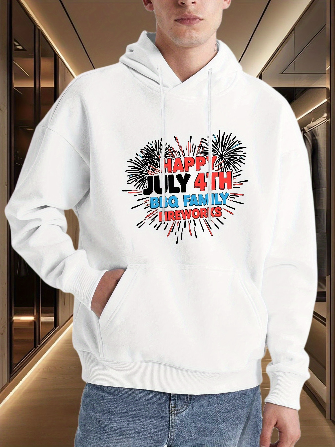 Men's Graphic Hoodie Happy July 4th Family Fireworks Under Festive Sky With Colorful Celebration Hoodie