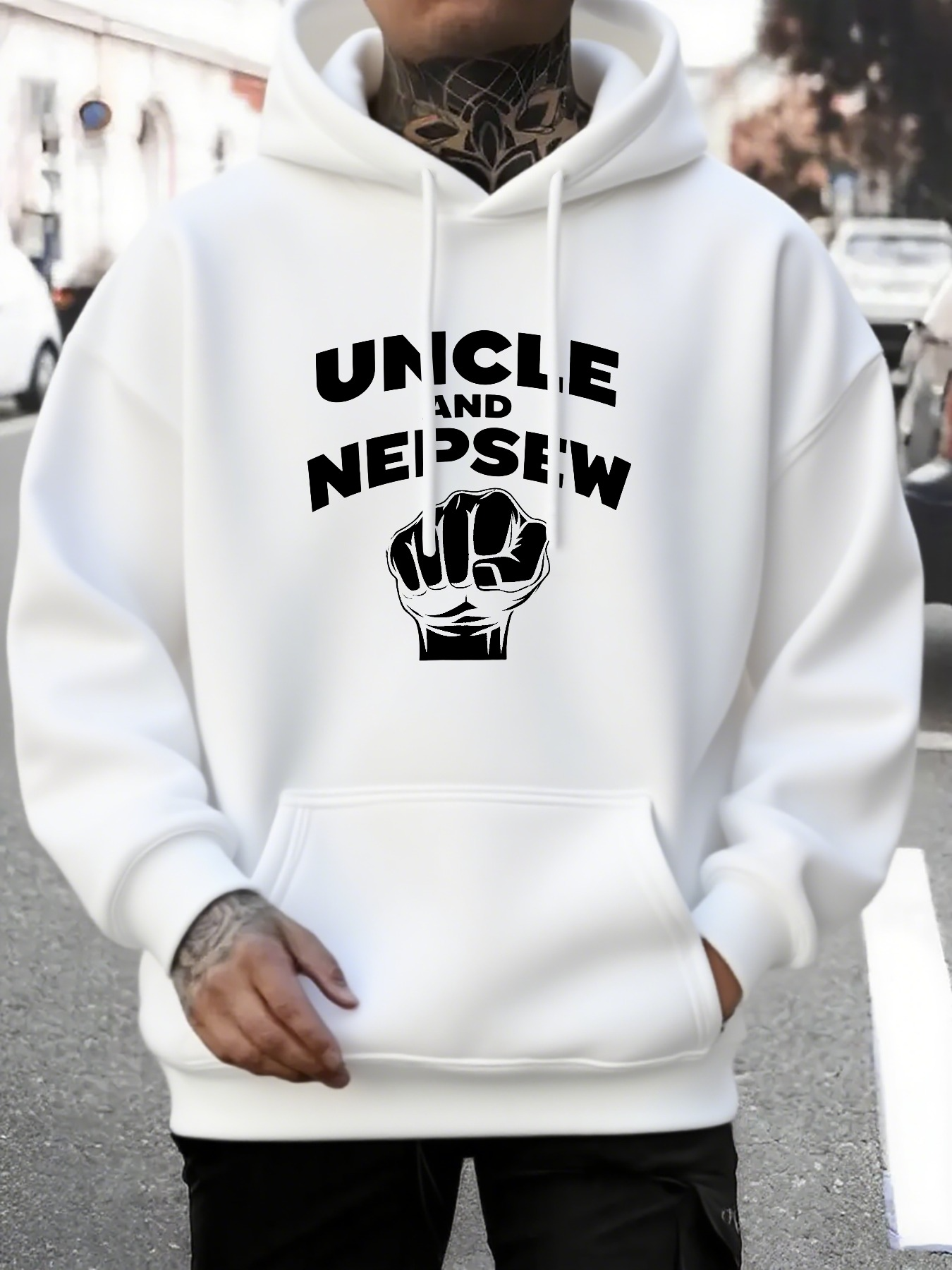 Men's Graphic Hoodie Uncle And Nephew Bold Letters Fist Bump Graphic On Cozy White Hoodie