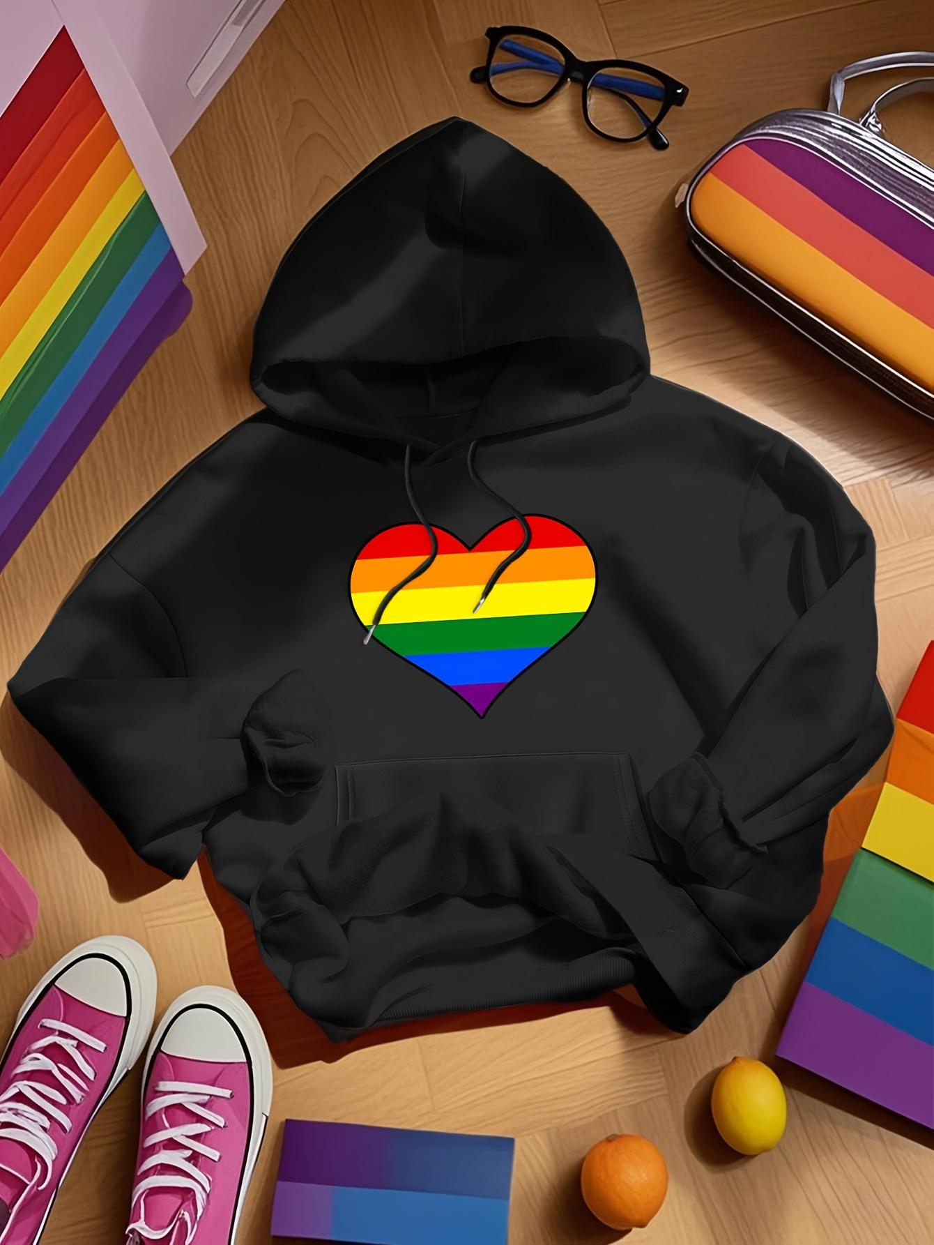 Women's Graphic Hoodie Bold Striped Rainbow Heart On Classic Black Hoodie