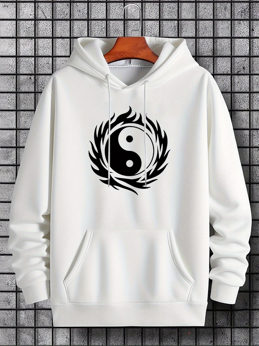 Men's Graphic Hoodie Dynamic Circular Motion With Black White Symbol Surrounded By Waves Yin Yang