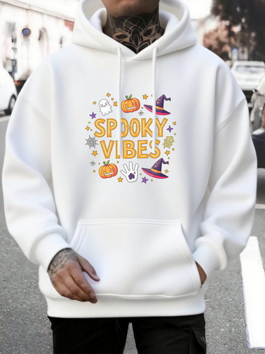 Men's Graphic Hoodie Spooky Vibes Surrounded By Halloween Pumpkins Stars And Witch Hat