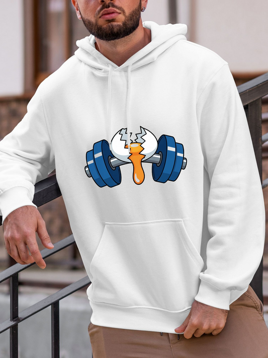 Men's Graphic Hoodie Cracked Shell With Blue Dumbbell Surrounded By Cartoon Yolk Dumbbell