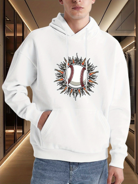 Men's Graphic Hoodie Baseball Surrounded By Flaming Artistic Spiked Burst Design