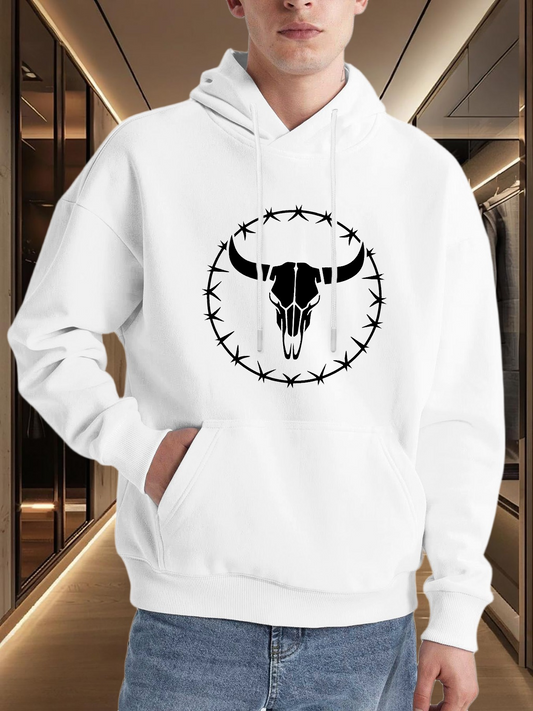 Men's Graphic Hoodie Barbed Circle Surrounding A Western Style Bull Skull