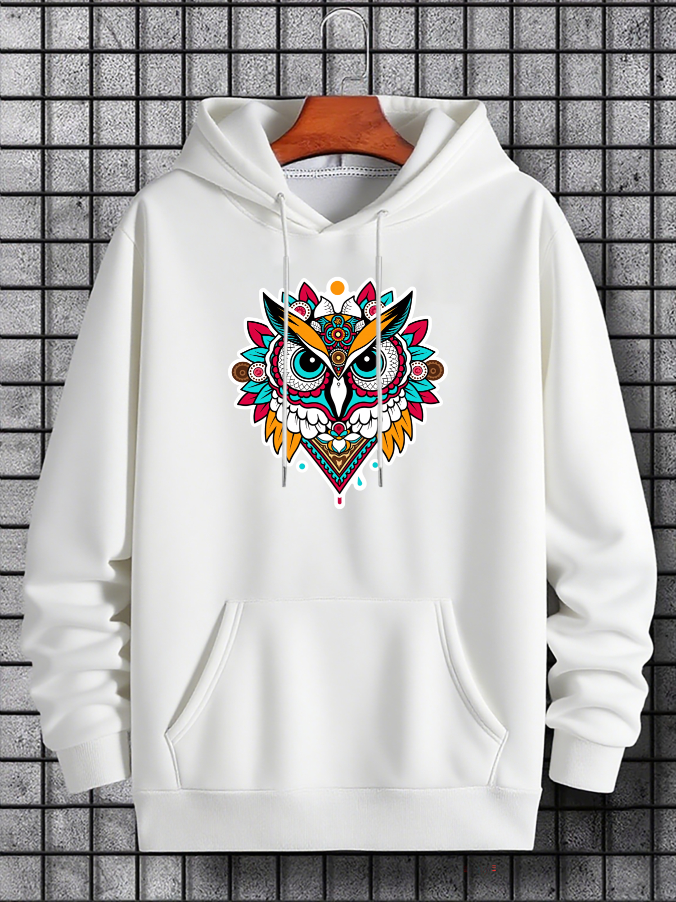 Men's Graphic Hoodie Colorful Tribal Motif With Ornamental Feathers Surrounded By Geometric Patterns Owl
