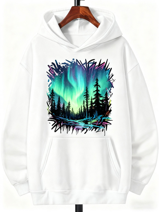 Men's Graphic Hoodie Luminous Sky Reflections Over Northern Lights Forest Scene