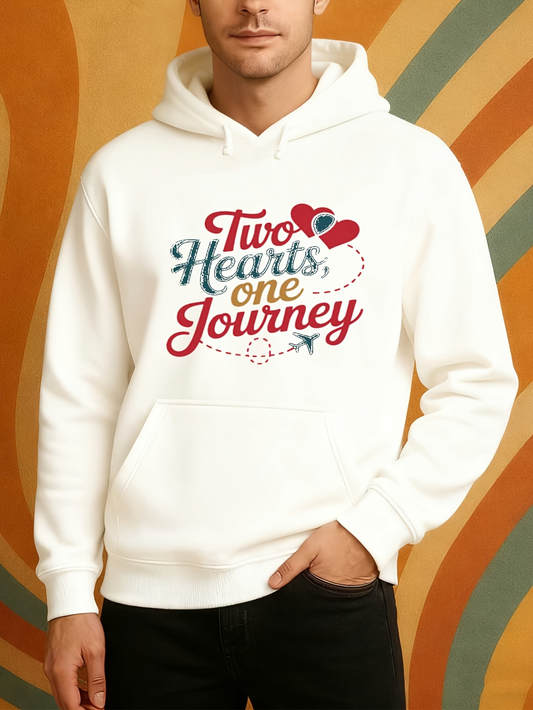 Men's Graphic Hoodie Two Hearts One Journey With Dotted Flight Path Whimsical Red Hearts Airplane