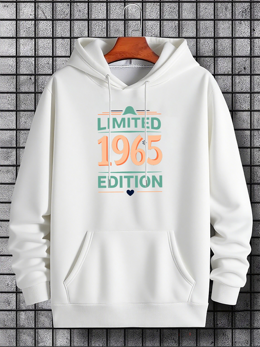 Men's Graphic Hoodie Limited 1965 Edition Bold Letters With Minimalist Blue Heart Motif Hoodie
