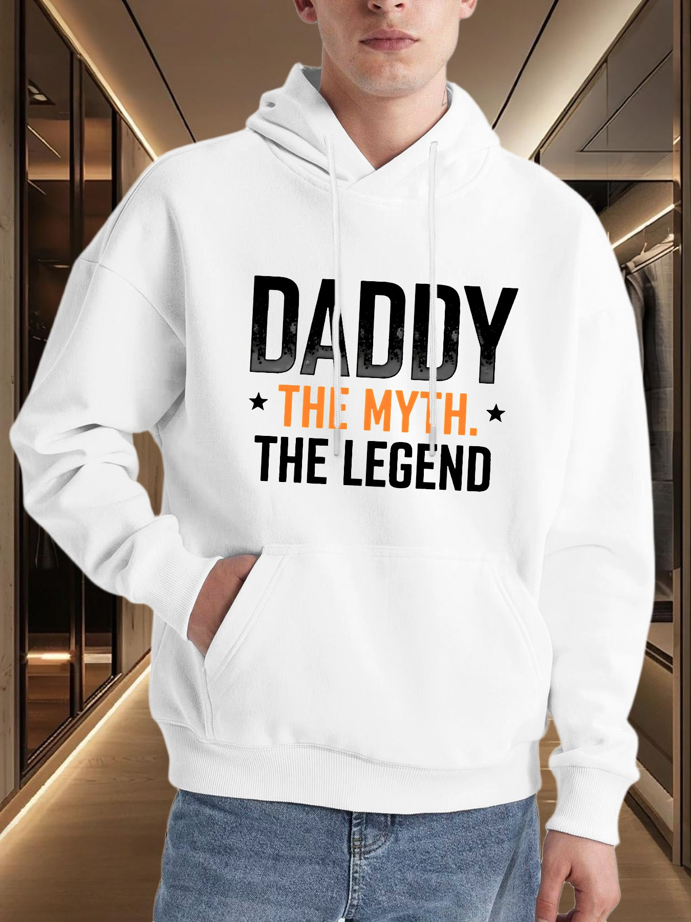 Men's Graphic Hoodie Daddy The Myth The Legend Bold Lettering With Simple Black Stars Hoodie