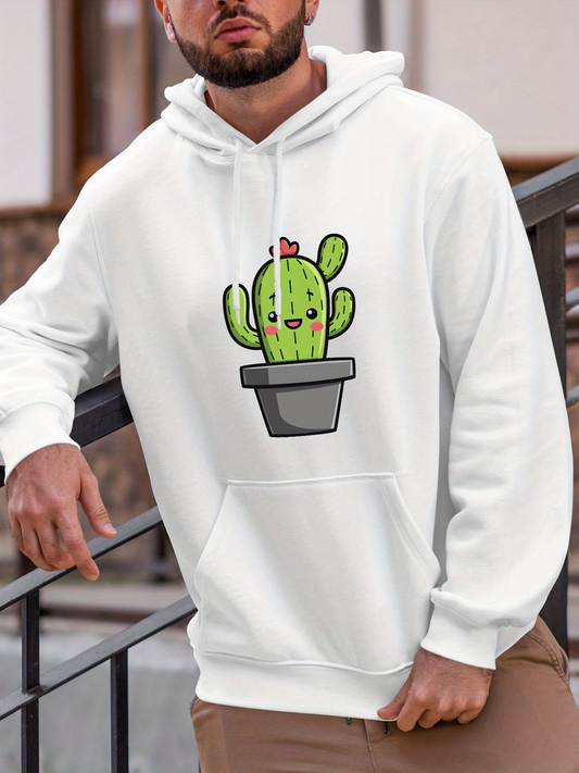 Men's Graphic Hoodie Playful Potted Cactus Smiling Cheerfully With Pink Flower Decoration