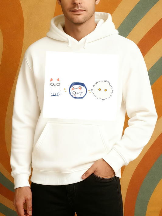 Men's Graphic Hoodie Playful Cartoon Faces With Subtle Colored Details Features Minimalist Characters