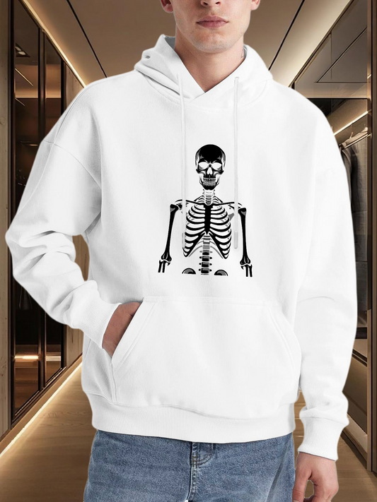 Men's Graphic Hoodie Stylized Skeleton Bones Design In Black On White Sweatshirt Skeleton