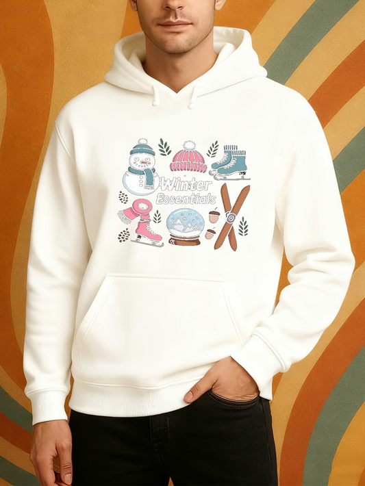 Men's Graphic Hoodie Winter Sports Elements Around Cheerful Snowman