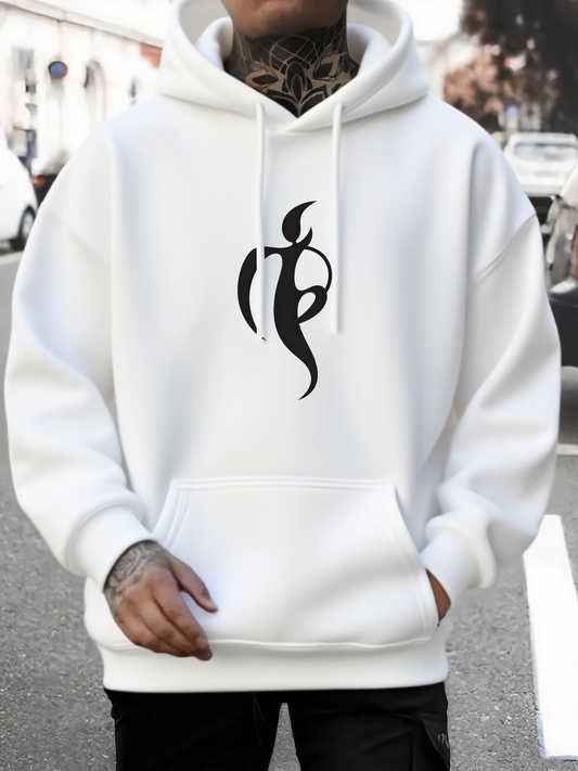 Men's Graphic Hoodie Minimalist Black Abstract Shape Flowing Along White Hoodie