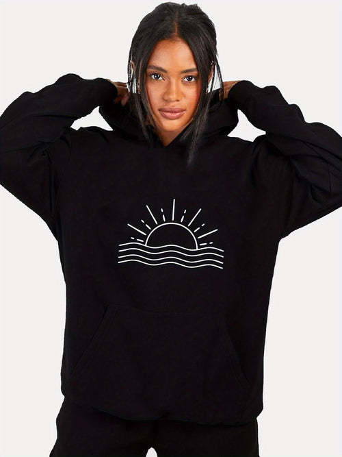Women's Graphic Hoodie Rising Sun Above Wavy Horizon With Radiant Lines Minimalist Sun