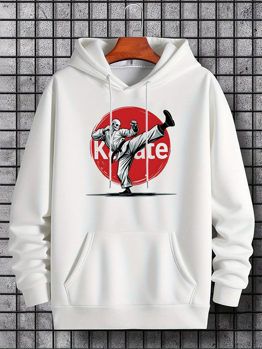 Men's Graphic Hoodie Karate Practitioner Performing High Kick In Front Of Red Sun Karate