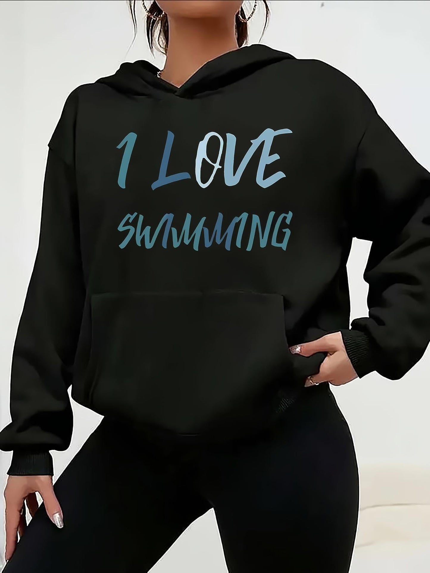 Women's Graphic Hoodie I Love Swimming Handwritten Text Style On Solid Black Hoodie