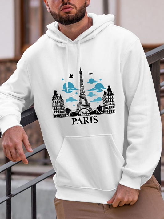 Men's Graphic Hoodie Paris Skyline With Blue Clouds And Flying Birds Eiffel Tower