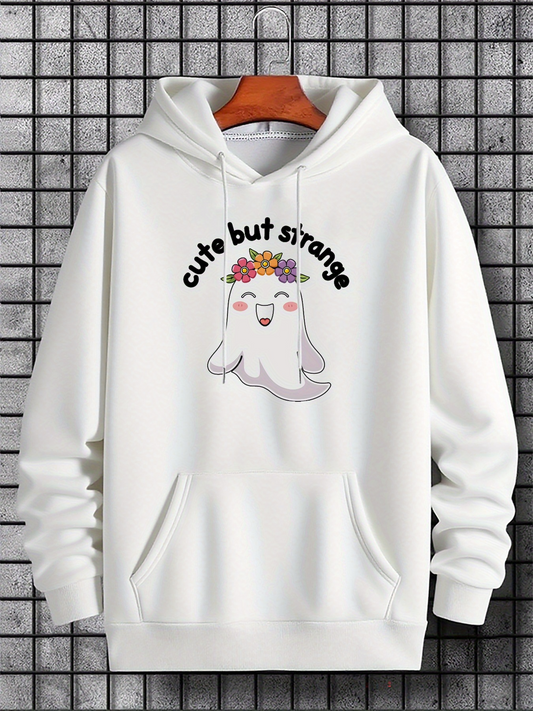 Men's Graphic Hoodie Cute But Strange Smiling Ghost With Floral Crown Surrounded By Playful Vibes