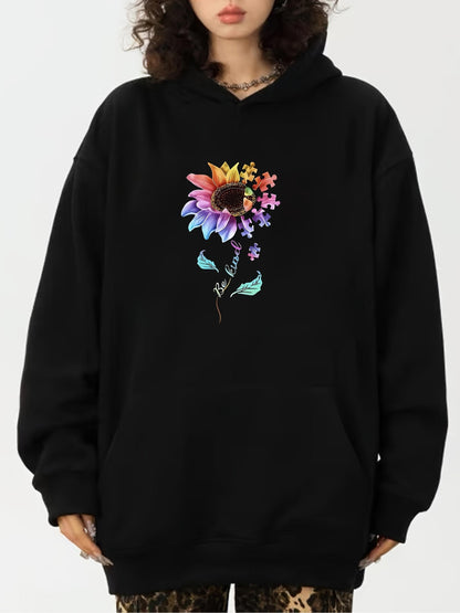 Women's Graphic Hoodie Vivid Rainbow Colored Petals With Blossoming Leaves Surrounding Sunflower