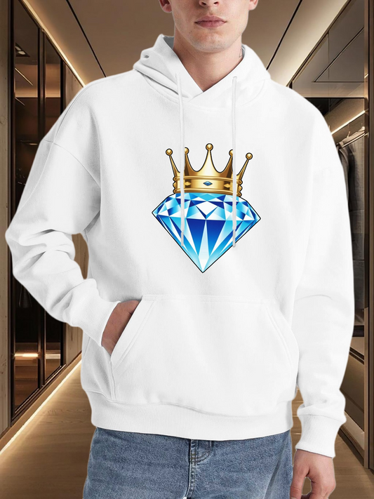 Men's Graphic Hoodie Glittering Blue Diamond With Royal Golden Crown Motif Hoodie