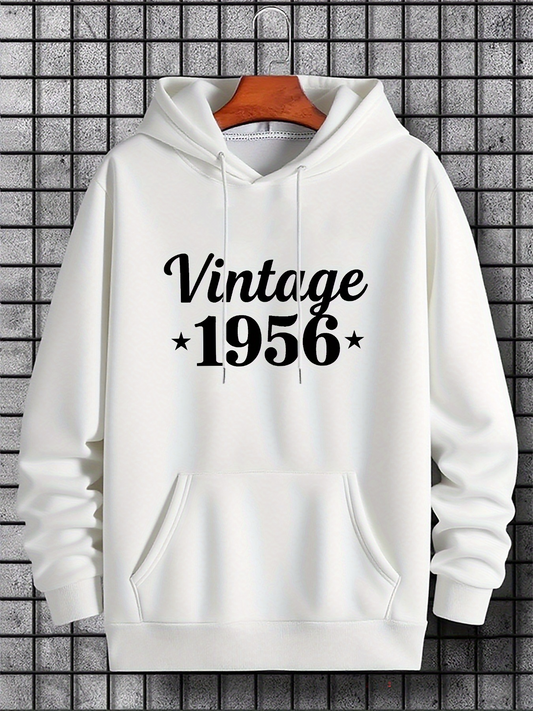 Men's Graphic Hoodie Vintage 1956 Bold Typeface With Star Motifs Classic White Hoodie