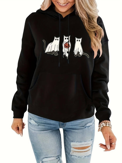 Women's Graphic Hoodie Playful White Ghostly Cats With Heart And Cartoon Style Hoodie