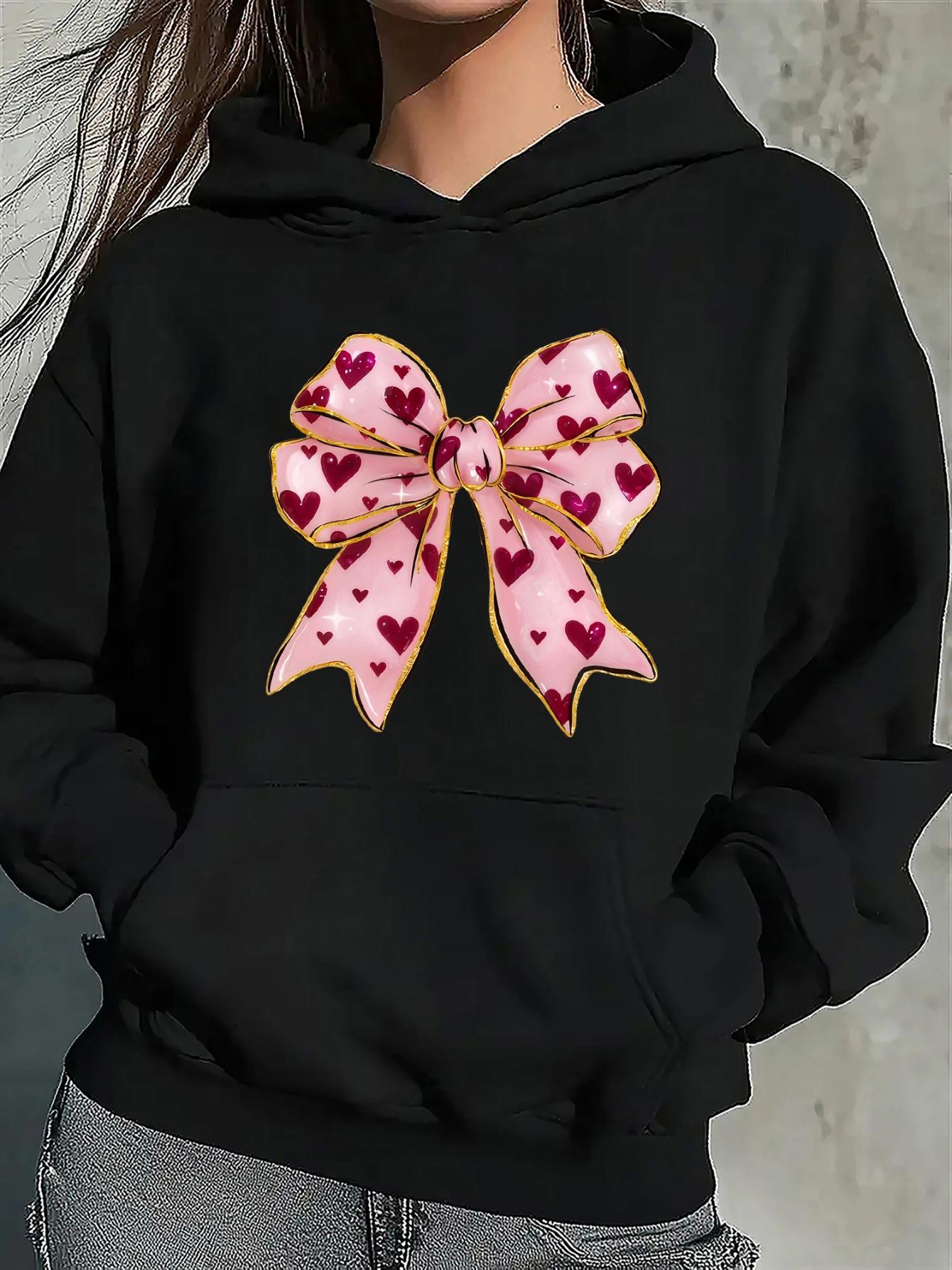 Women's Graphic Hoodie Delicate Pink Ribbon With Patterned Hearts Centered Charming Bow