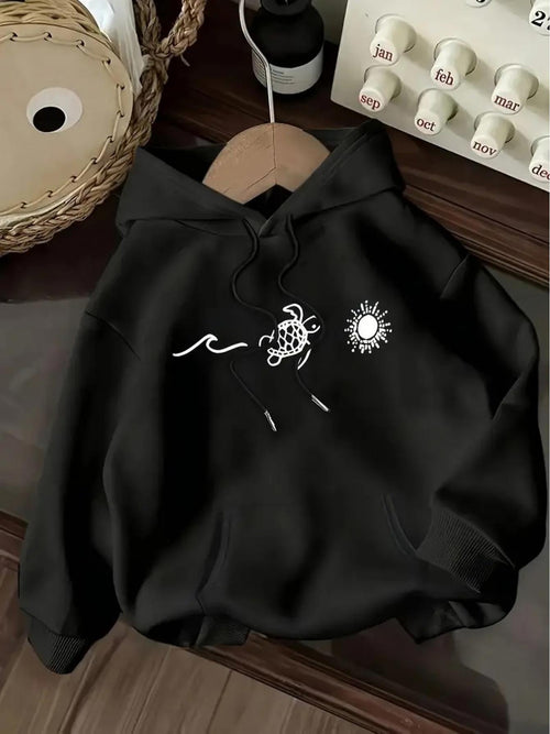 Women's Graphic Hoodie Rising Wave Lines With Hand Drawn Sun And Sea Turtle