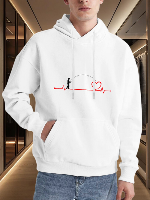 Men's Graphic Hoodie Heartbeat Line With Fisherman Catching Heart Design Hoodie