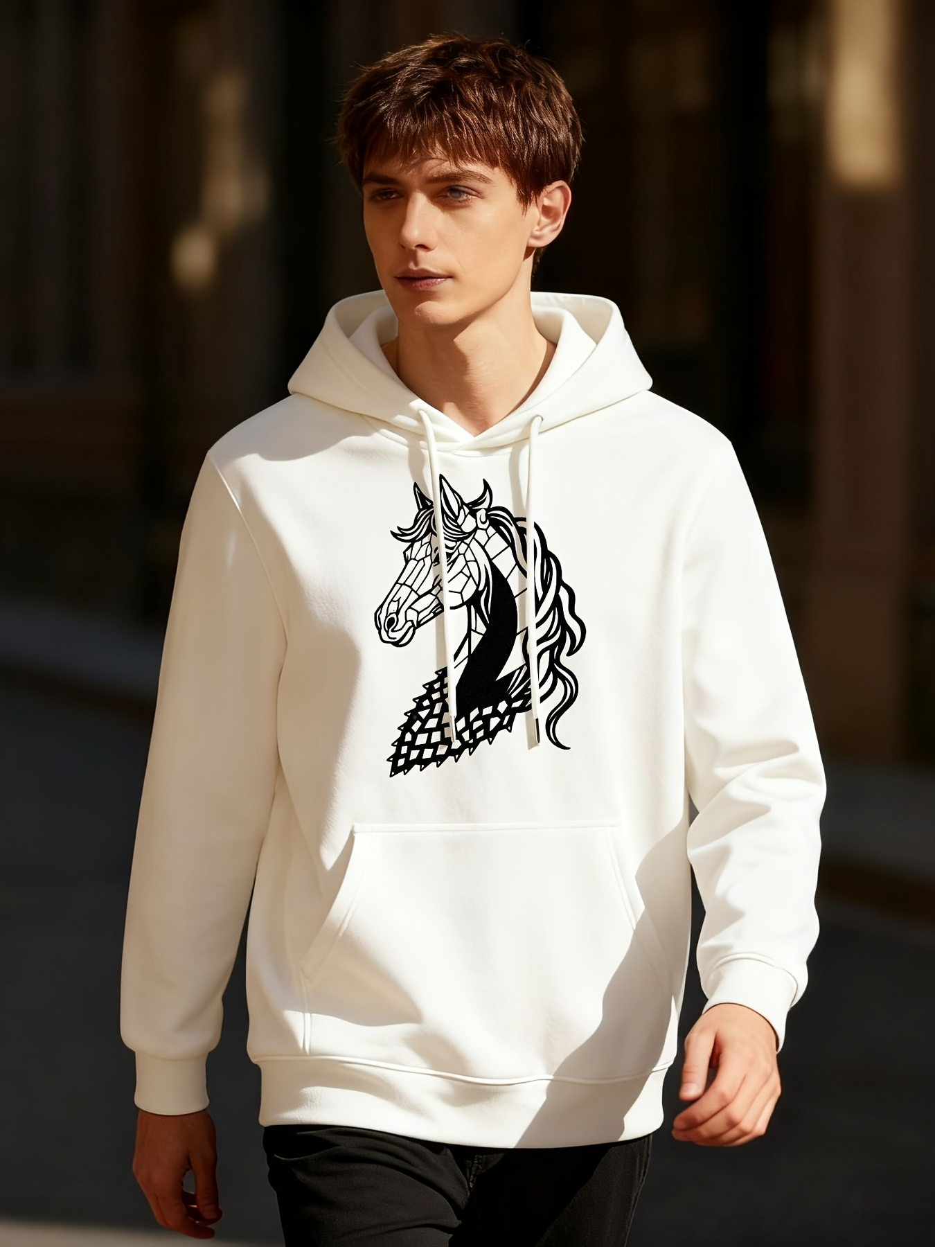 Men's Graphic Hoodie Monochrome Artistic Mane With Chess Pattern Horse