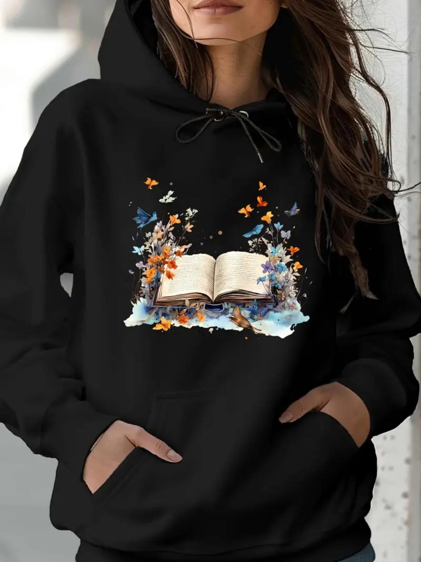 Women's Graphic Hoodie Magical Open Book With Flying Butterflies And Mist Clouds