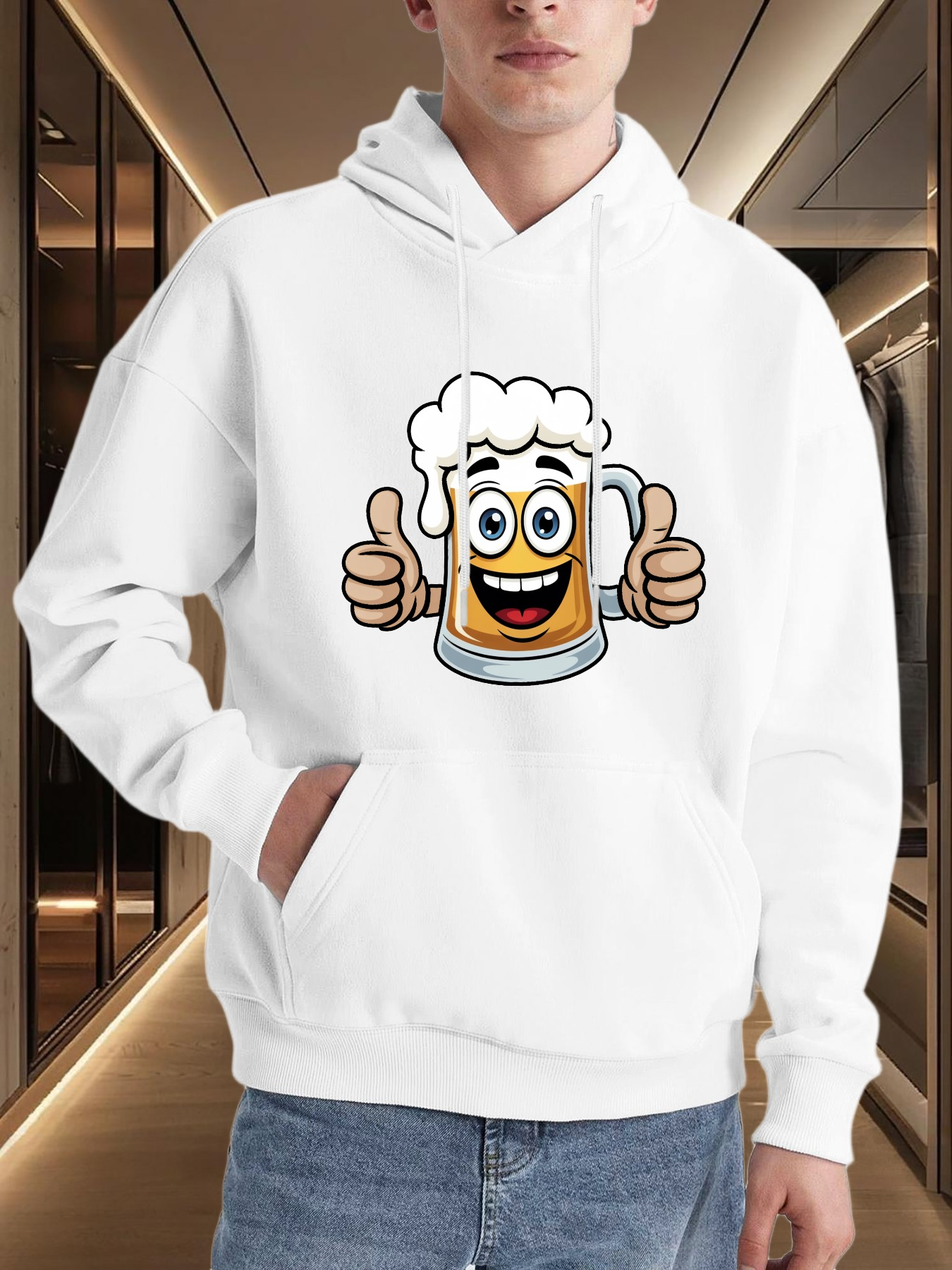 Men's Graphic Hoodie Cheerful Cartoon Frothy Mug Giving Thumbs Up With Happy Smile Beer