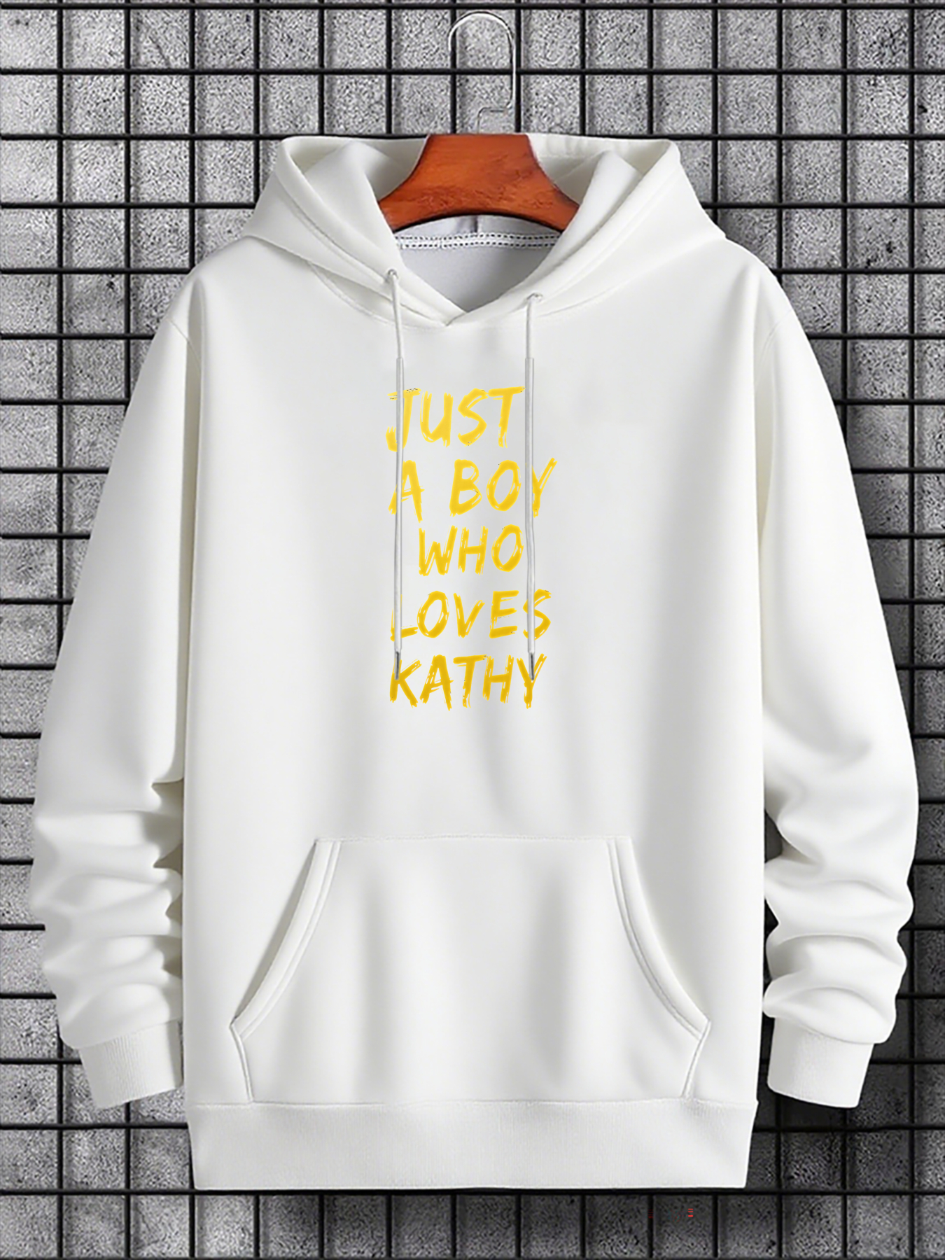 Men's Graphic Hoodie Just A Boy Who Loves Kathy With Simple Yellow Handwritten Text Hoodie