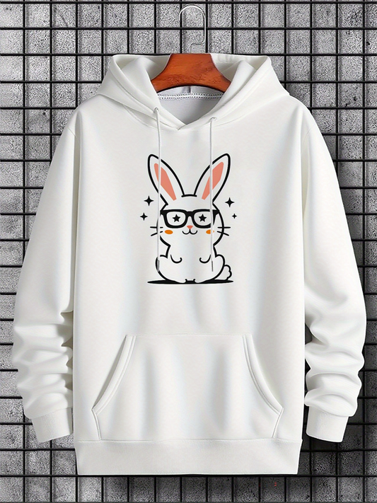 Men's Graphic Hoodie Adorable Bunny With Glasses Surrounded By Sparkling Handdrawn Stars Rabbit