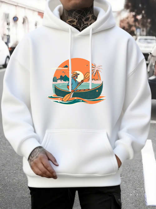 Men's Graphic Hoodie Golden Sun Over Water With Palm Trees And Serene Island Boat