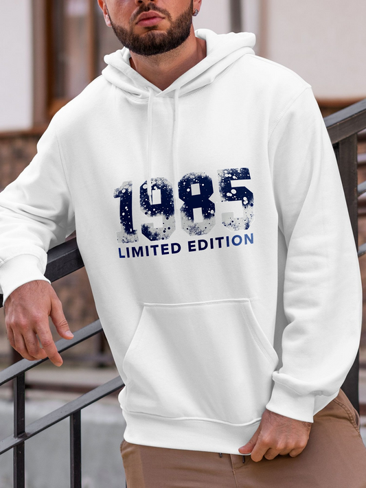 Men's Graphic Hoodie 1985 Limited Edition Grunge Artistic Splatter Design With Washed Blue Brush Stroke Numbers Hoodie