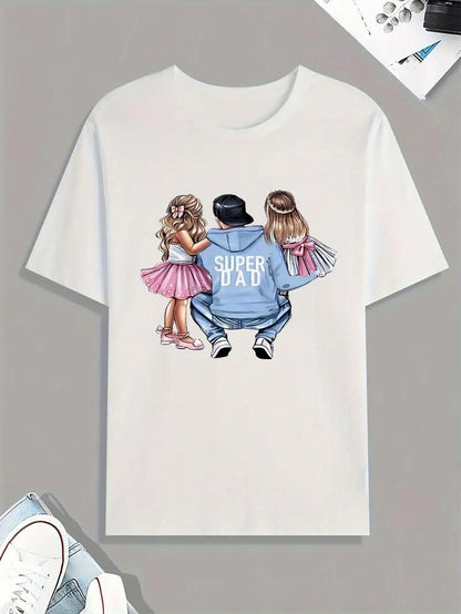 Men's Graphic T-Shirt Super Dad Father Crouching In Blue Hoodie With Daughters Wearing Pink Tutu Skirts Illustration